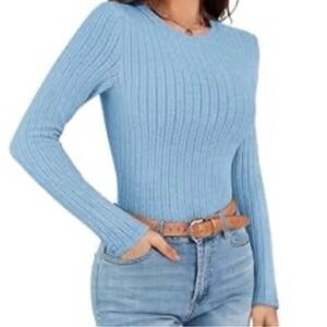 Ekouaer Ribbed Long Sleeve Top | Size Large | Soft Blue Fitted Knit